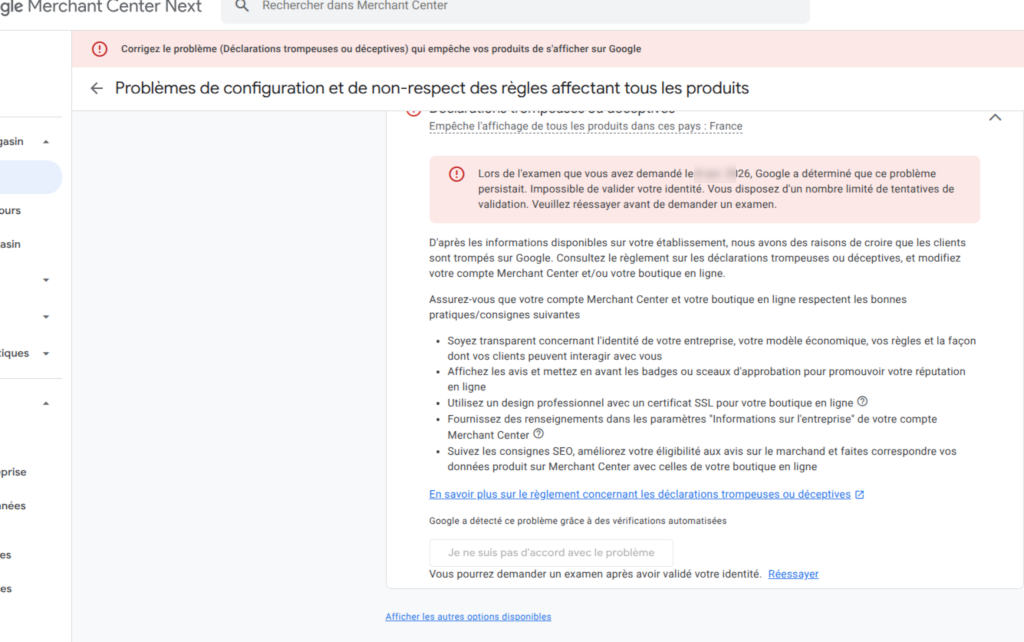 Merchant Center : suivi d'un incident en cours