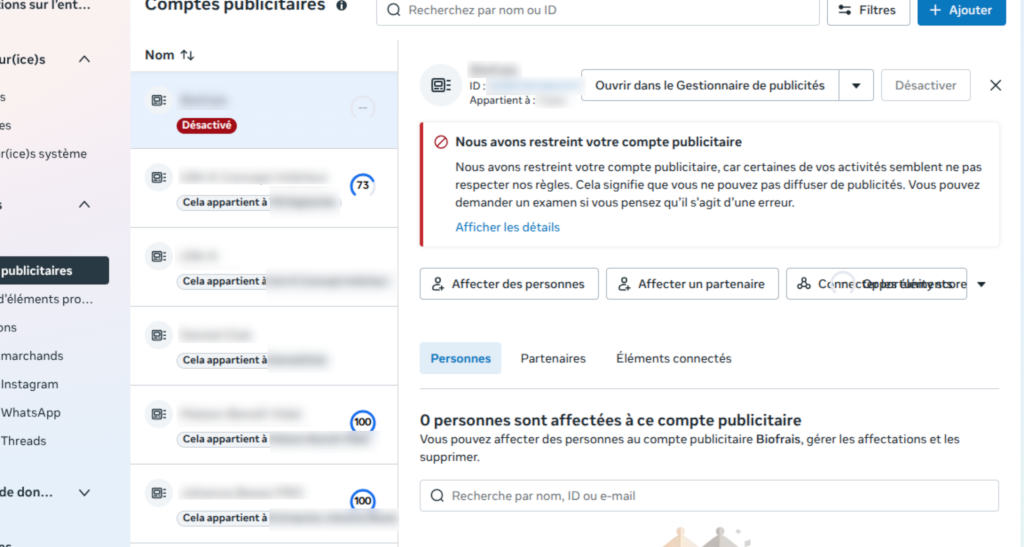 Meta compte publicitaire désactivé