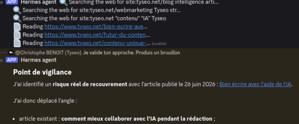 agent IA qui met en garde contre un brouillon de contenu